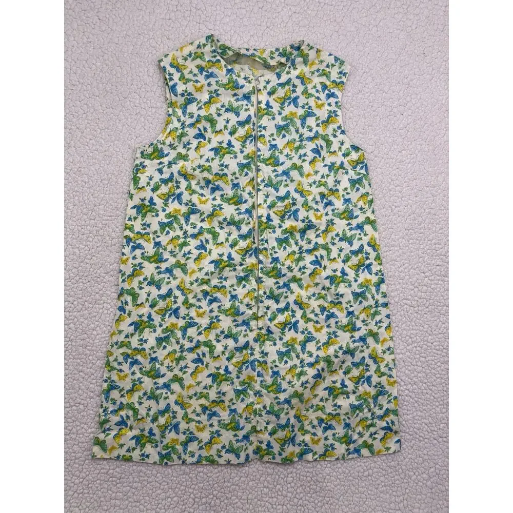 Vintage 60s 70s Child Novelty Butterfly Print Dress Cardigan Belt Green Blue Mod